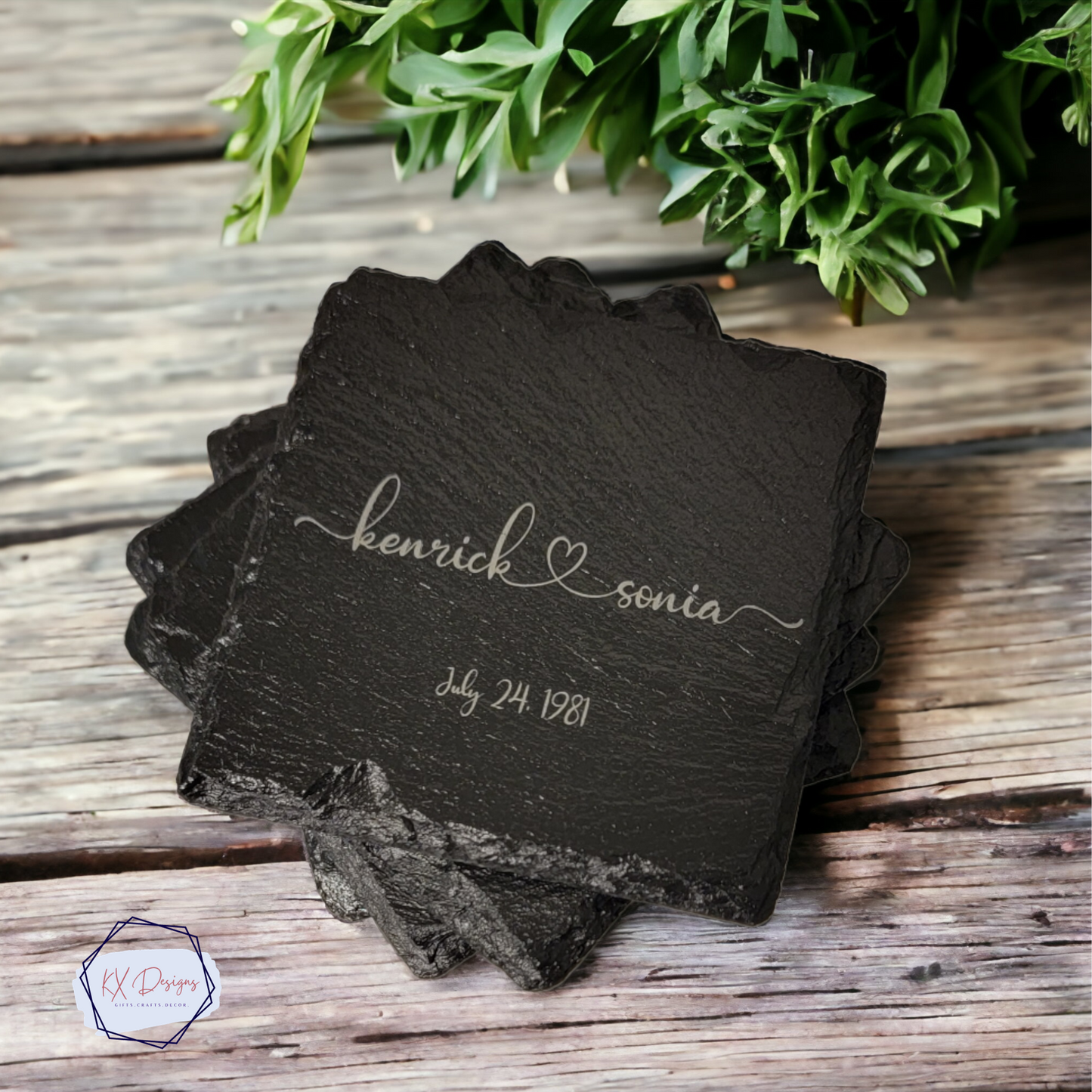 Personalized Laser Engraved Slate Coasters - Connected hearts| Set of 4