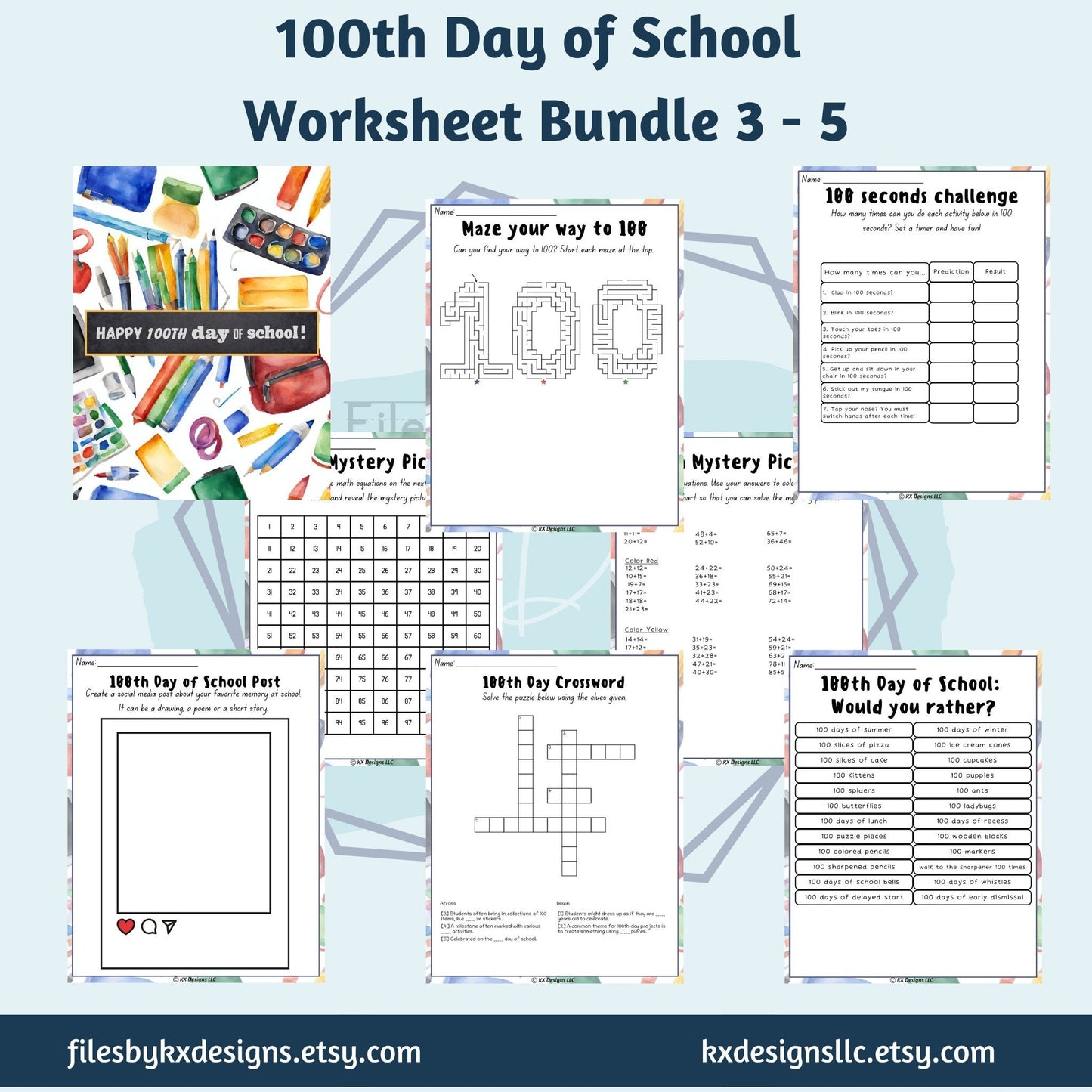 100th Day of School, 50 Page Super Worksheet Bundle Grades 3-5, Math, ELA, Art, PE, STEM Fun | Instant Download | Color or Black and White