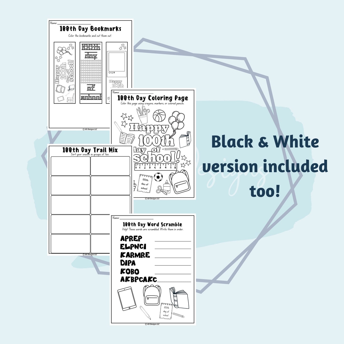 100th Day of School, 50 Page Super Worksheet Bundle Grades 3-5, Math, ELA, Art, PE, STEM Fun | Instant Download | Color or Black and White