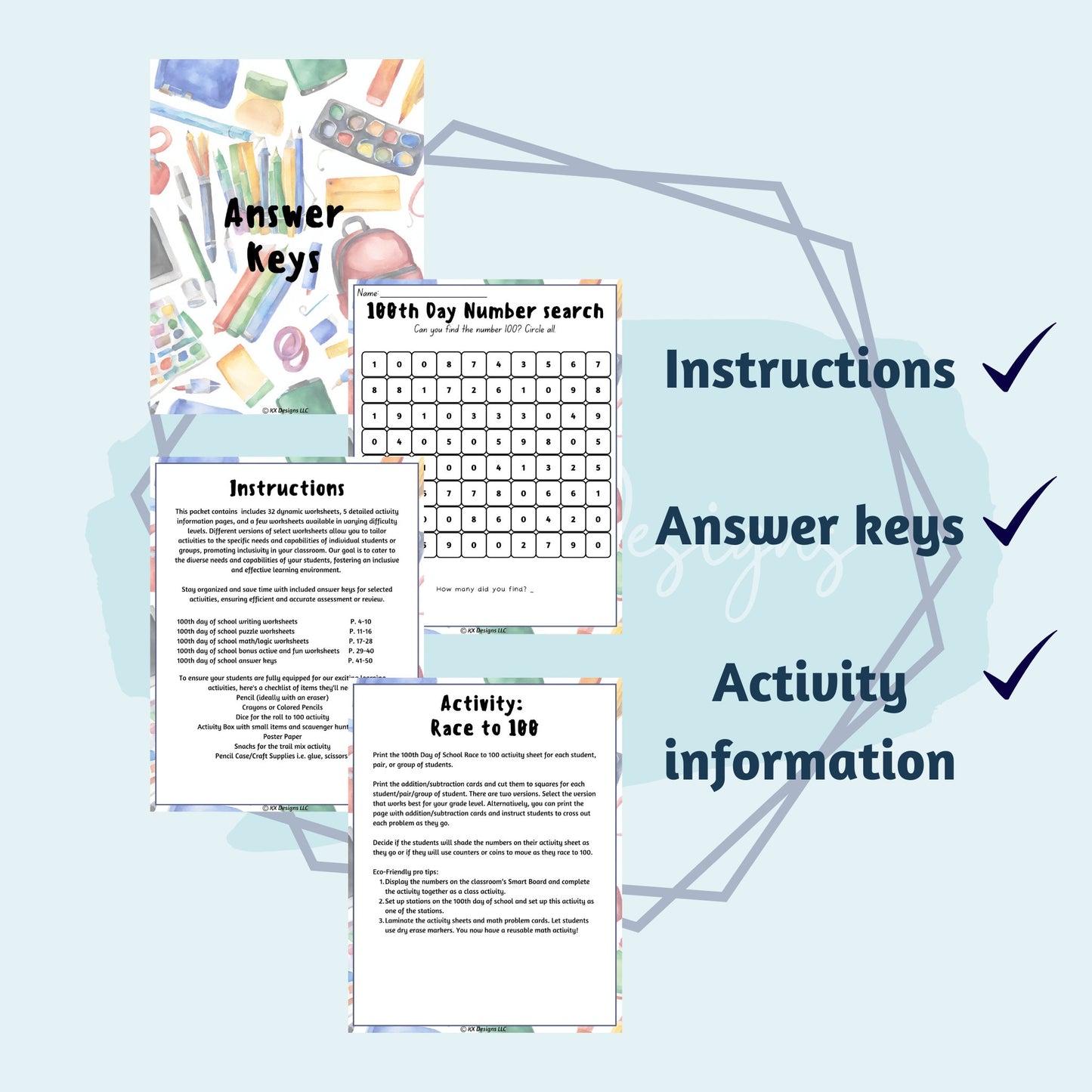 100th Day of School, 50 Page Super Worksheet Bundle Grades 3-5, Math, ELA, Art, PE, STEM Fun | Instant Download | Color or Black and White