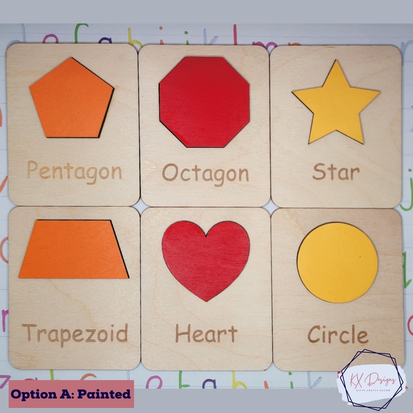 Wooden Shape Cards set: Puzzle, Tracing Stencil & Flashcard Set - All-in-One 12 Shapes Set, Classroom, Homeschool, in color or unfinished